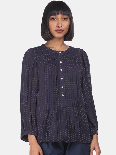 

GAP Women Navy Pleat Popover Printed Top, Blue