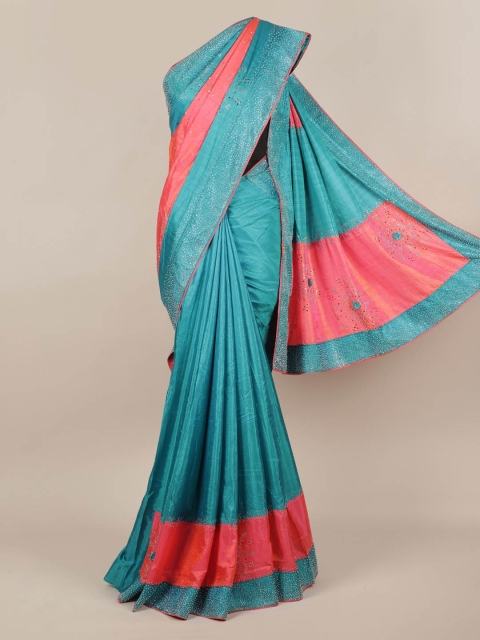 

Pothys Pink & Blue Jute Silk Colourblocked Saree