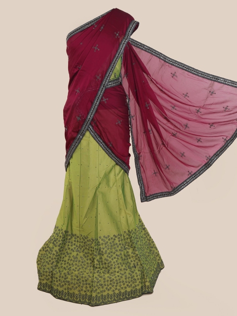 

Pothys Magenta & Green Poly Chiffon Embroidered Traditional Half Saree