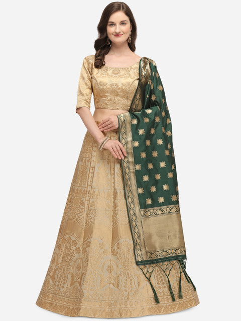 

JATRIQQ Cream-Coloured & Green Woven Design Semi-Stitched Lehenga & Unstitched Blouse with Dupatta
