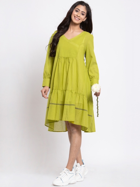 

TERQUOIS Women Green Solid Layered Cotton Oversized Drop-Waist Dress