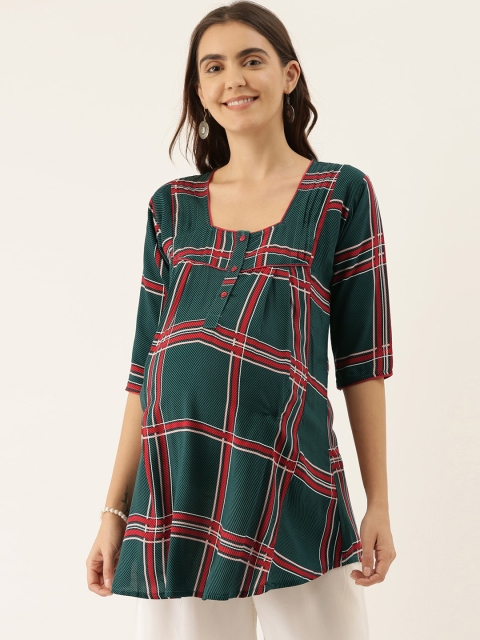 

GOLDSTROMS Women Green & Maroon Maternity Checked Tunic