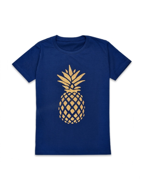 

ORANGE PUMPKKIN Girls Navy Blue & Gold-Toned Tropical Printed Pure Cotton Regular Top