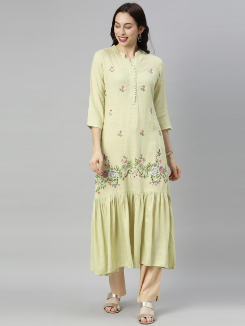 

Neerus Women Lime Green Floral Embroidered Kurta