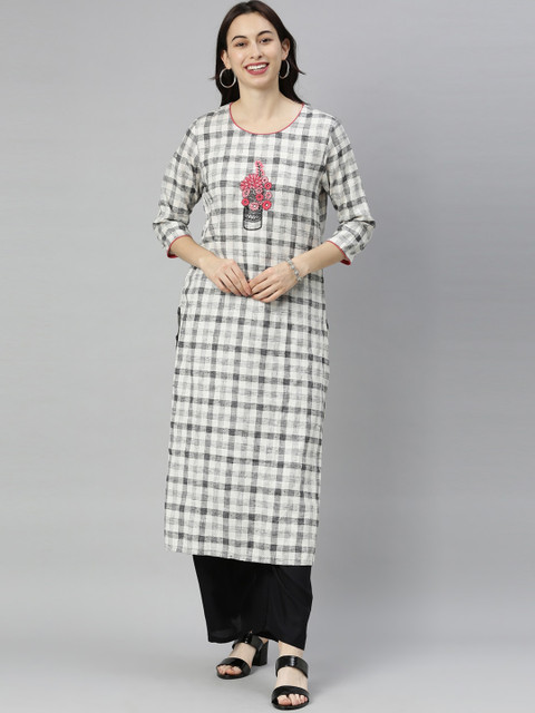 

Neerus Women Off White & Grey Checked Kurta
