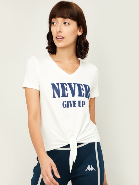 

Kappa Women Off-White Printed V-Neck T-shirt