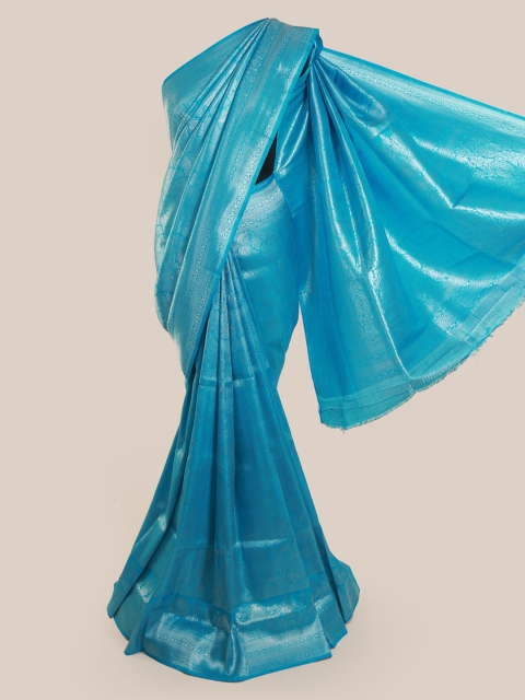 

Pothys Blue & Silver-Toned Linen Blend Woven Design Saree