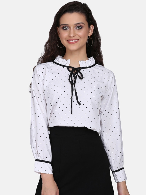 

Clothzy White & Black Printed Tie-Up Neck Crepe Regular Top