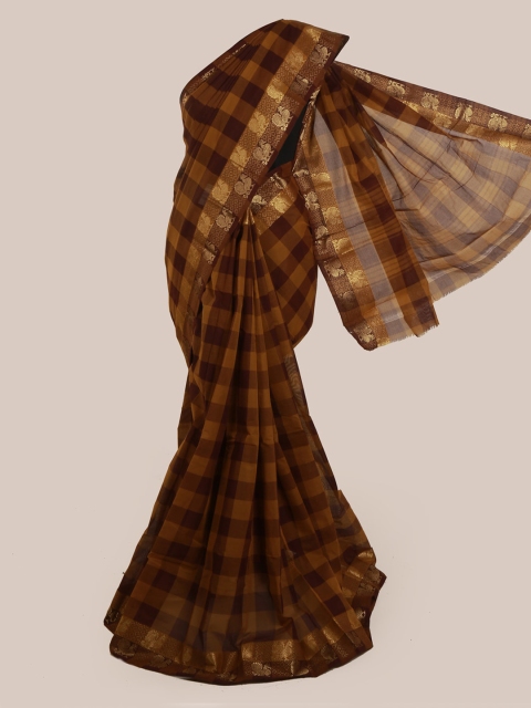 

Pothys Brown & Gold-Toned Pure Cotton Checked Saree