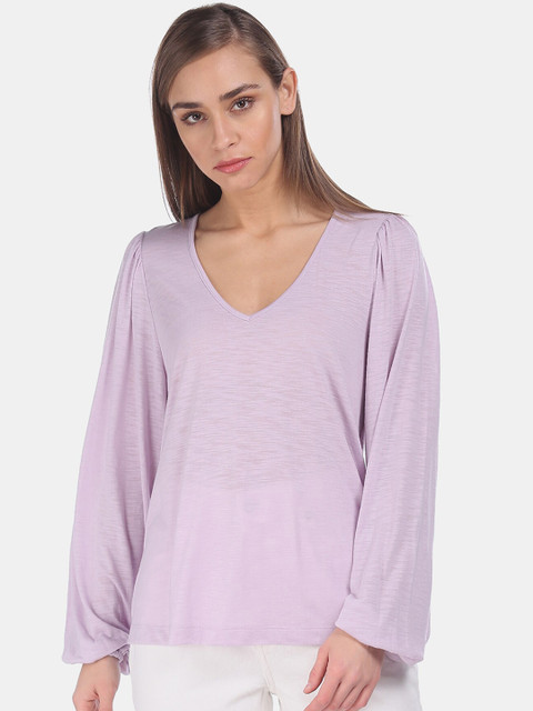 

GAP Lavender Puff Sleeves A-Line V-Neck Solid Top
