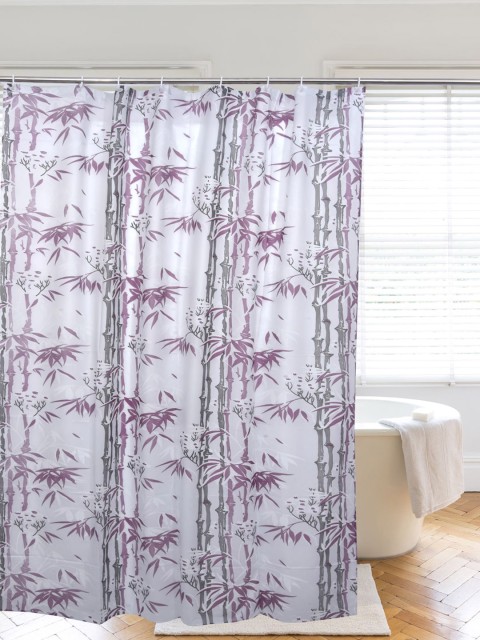 

Clasiko White & Purple Printed PVC Plastic Shower Curtain With Hooks