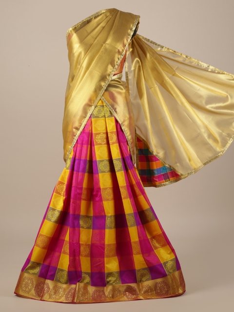 

Pothys Pink & Blue Woven Design Unstitched Lehenga & Blouse with Dupatta
