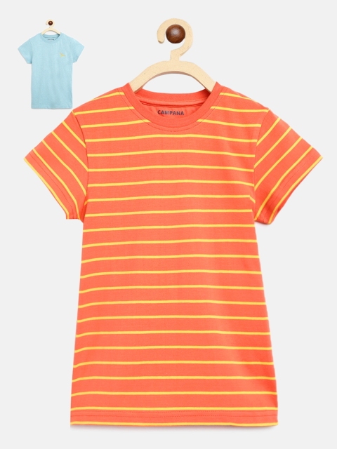

Campana Girls Pack of 2 Peach-Coloured & Blue Striped Round Neck T-shirt