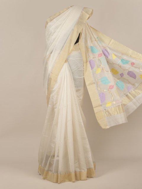 

Pothys Cream-Coloured & Gold-Toned Pure Silk Solid Saree