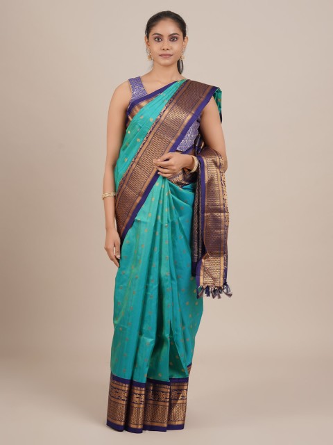 

Pothys Sea Green & Navy Blue Pure Silk Woven Design Gadwal Saree