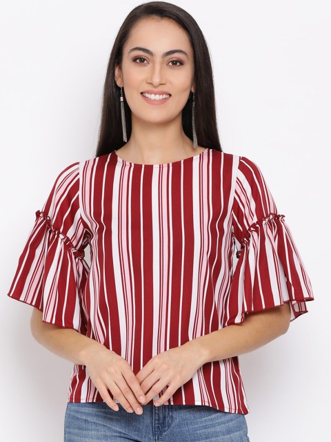 

ALL WAYS YOU Maroon & White Striped Flared Sleeves Georgette Regular Top