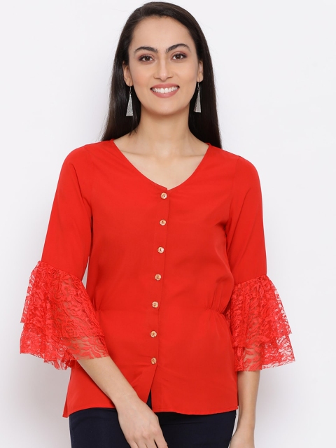 

ALL WAYS YOU Women Red Bell Sleeves Georgette Regular Top