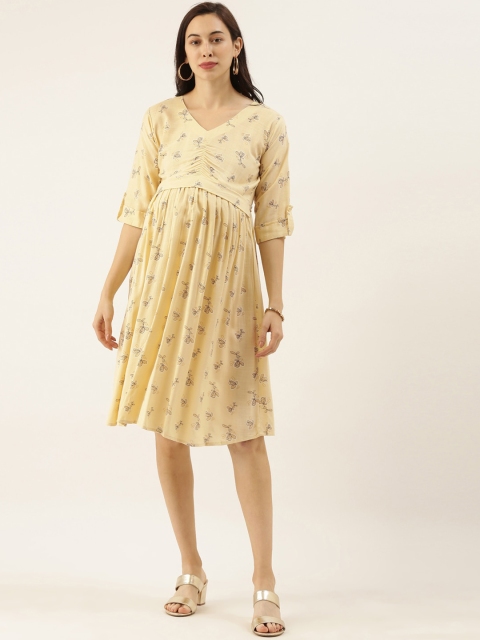 

GOLDSTROMS Women Yellow Floral Printed Maternity Short Gown Dress