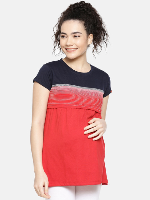 

GOLDSTROMS Navy Blue & Red Colourblocked Pure Cotton Regular Longline Top