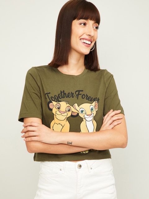 

Ginger by Lifestyle Women Olive Green Printed Round Neck T-shirt