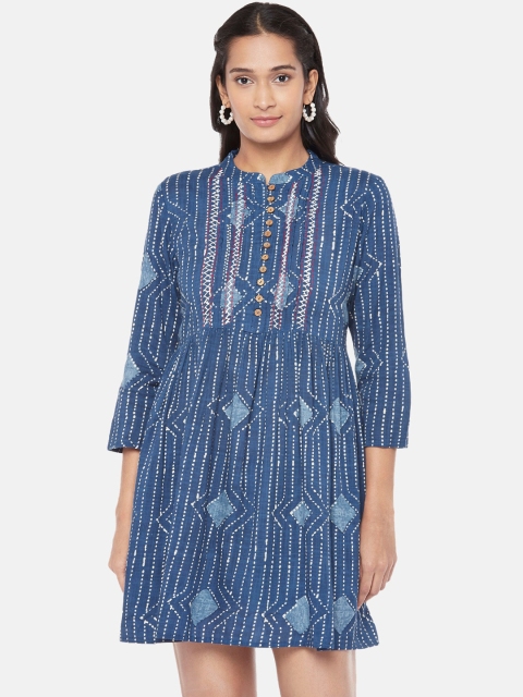 

Ethnicity Women Blue Printed A-Line Dress