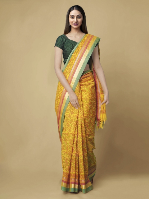 

Unnati Silks Yellow Checked Chanderi Saree