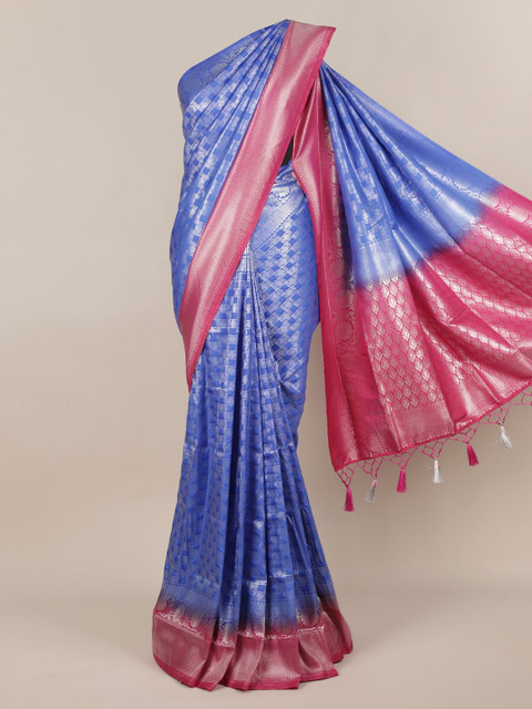 

Pothys Blue & Silver-Toned Jute Silk Woven Design Saree With Tasseled Pallu