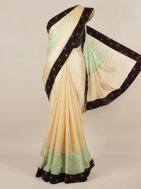 

Pothys Cream-Coloured & Green Poly Chiffon Colourblocked Saree