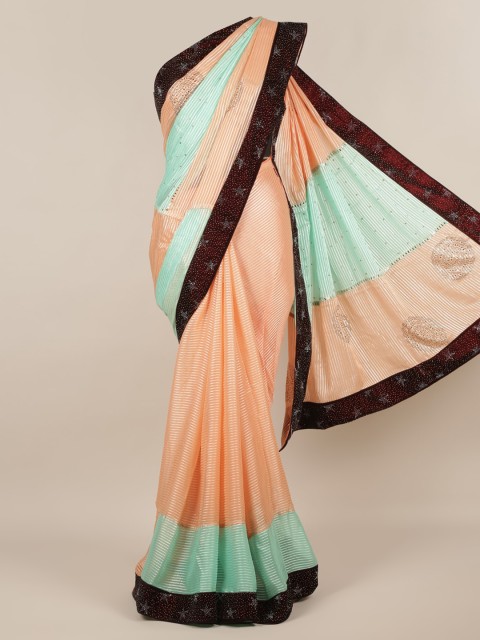 

Pothys Green & Peach-Coloured Poly Chiffon Striped Saree