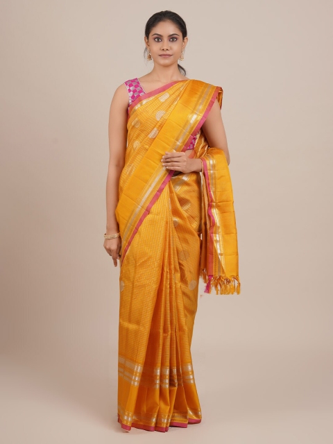 

Pothys Yellow & Pink Pure Silk Printed Gadwal Saree