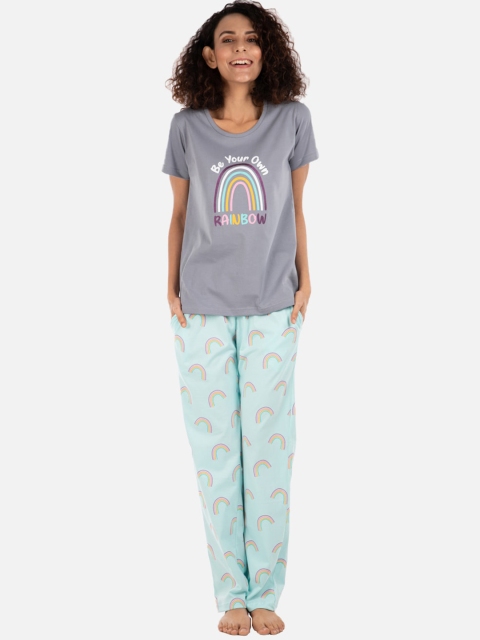 

Nite Flite Women Grey & Turquoise Blue Printed Night Suit