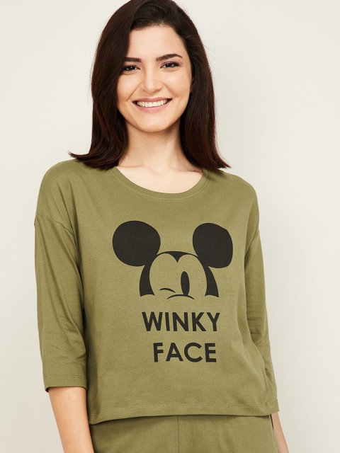 

Ginger by Lifestyle Women Olive Green & Black Mickey Mouse Print Lounge T-shirt