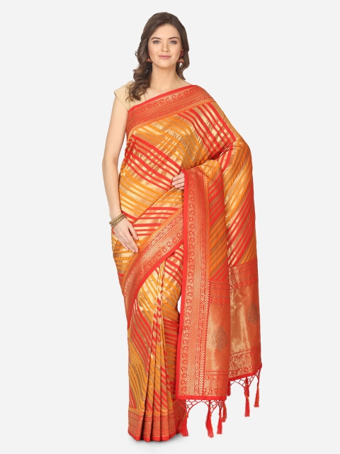 

BOMBAY SELECTIONS Red Silk Blend Striped Banarasi Saree