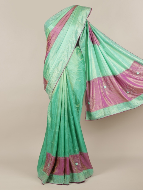 

Pothys Green & Purple Jute Silk Embellished Saree