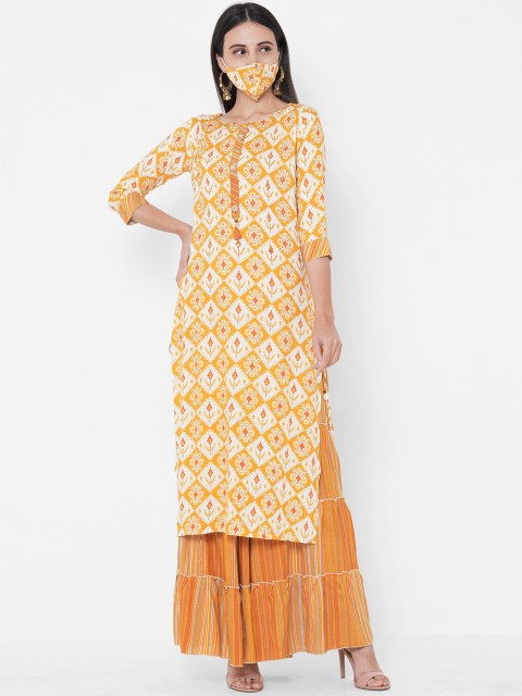 

FASHOR Women Mustard Yellow & Orange Printed Kurta with Sharara & 2-Ply Mask