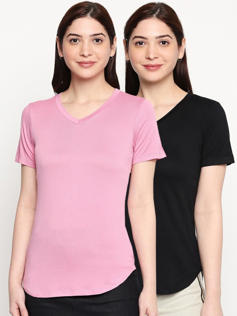 

inocenCia Women Pack of 2 Solid V-Neck T-shirt, Pink
