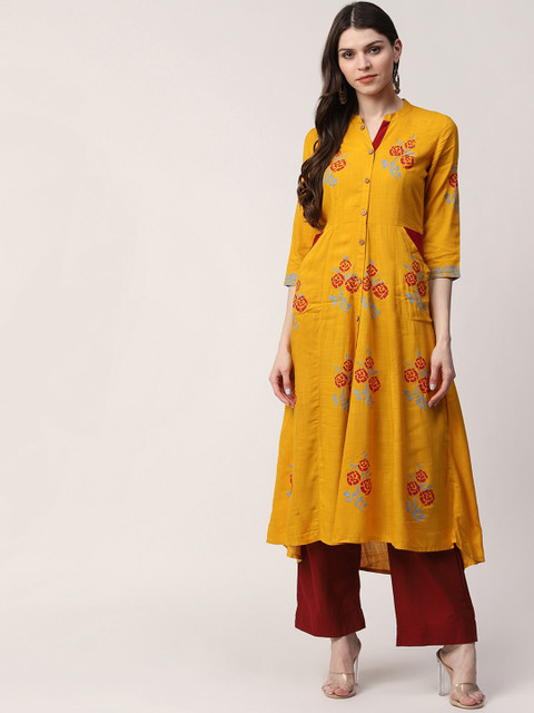 

Indi INSIDE Women Yellow Floral Printed Thread Work Kurta