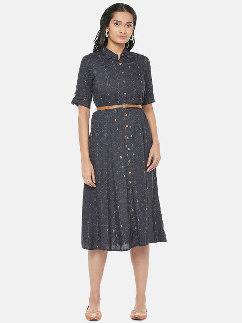 

Ethnicity Women Black Printed Shirt Dress