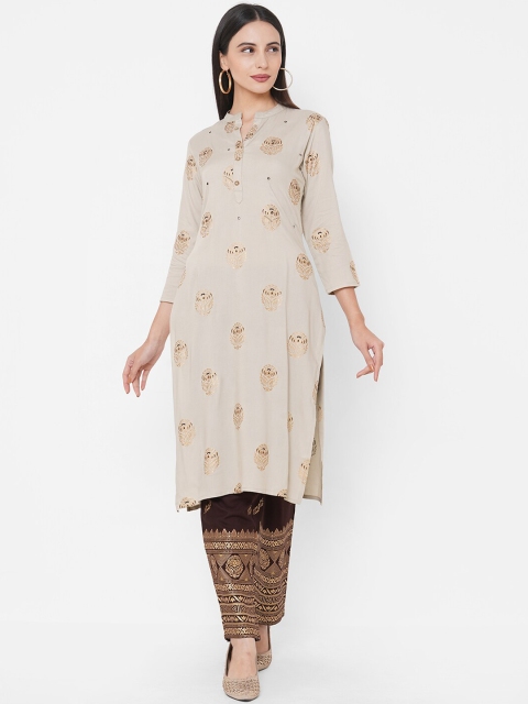 

FASHOR Women Beige & Coffee Brown Printed Kurta with Trousers