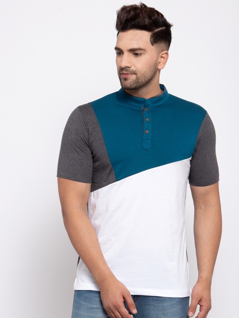 

Kalt Men Teal Colourblocked Henley Neck T-shirt