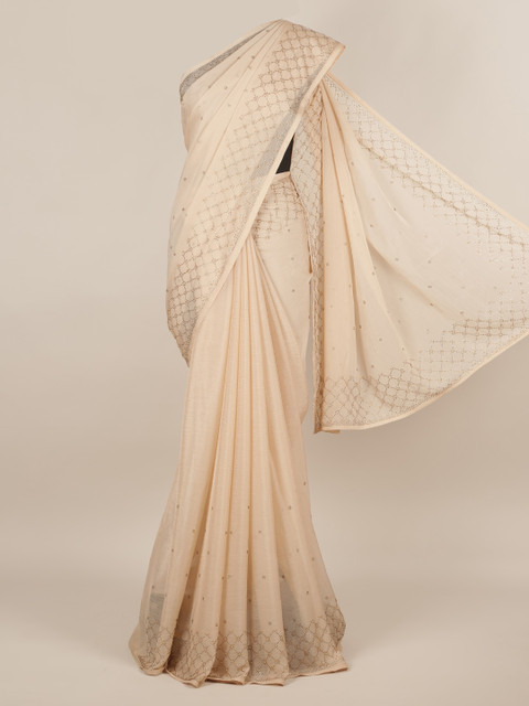 

Pothys Cream-Coloured Embellished Poly Chiffon Saree