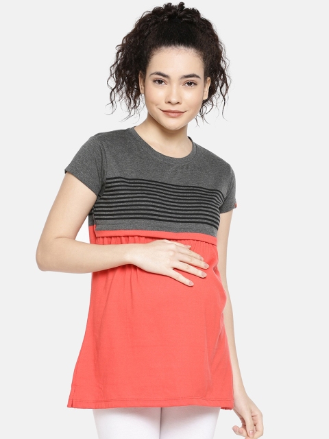 

GOLDSTROMS Charcoal Grey & Pink Colourblocked Pure Cotton Maternity A-Line Top
