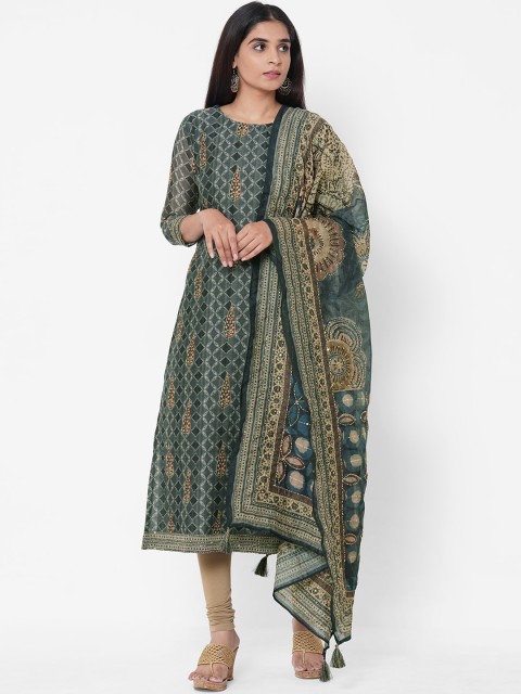 

FASHOR Women Green Ethnic Motifs Printed Kurta with Embroidered Dupatta