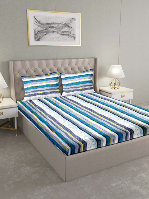 

BELLA CASA Blue & White Striped 124 TC Cotton 1 Extra Large Bedsheet with 2 Pillow Covers