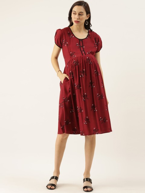 

GOLDSTROMS Women Maroon Printed Maternity Fit and Flare Dress