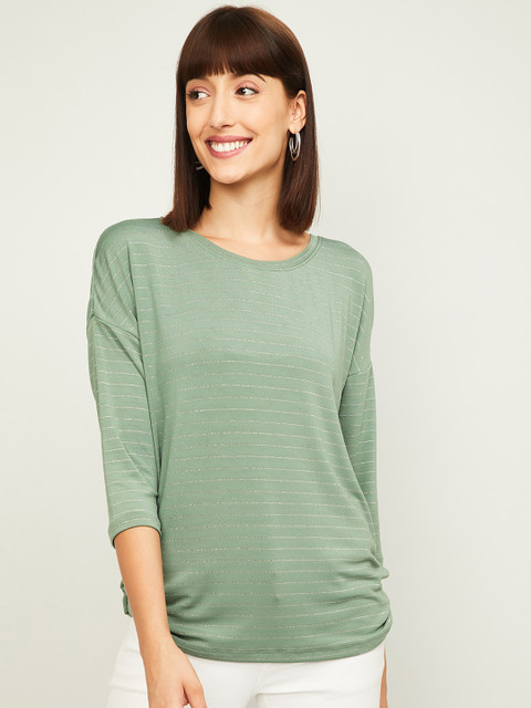 

Fame Forever by Lifestyle Green & Off White Striped Regular Top