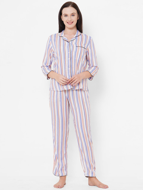 

Mystere Paris Women Peach-Coloured & Lavender Cotton Striped Night suit