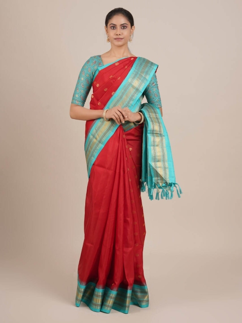 

Pothys Red & Turquoise Blue Pure Silk Woven Design Gadwal Saree
