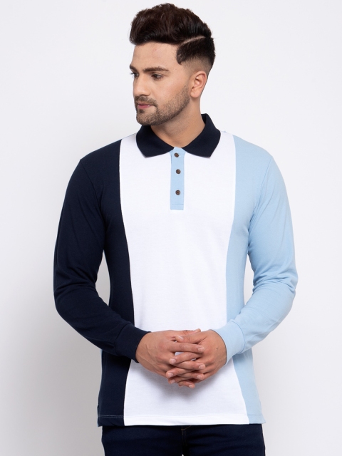 

Kalt Men Blue & White Colourblocked Polo Collar T-shirt
