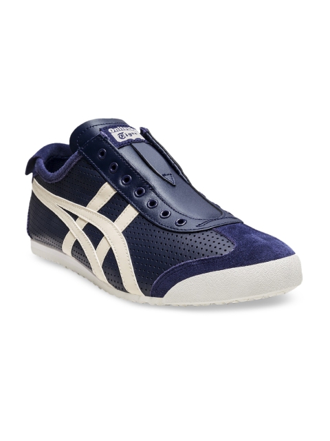 

Onitsuka Tiger Unisex Navy Blue White Striped Leather Slip-On Sneakers Mexico 66